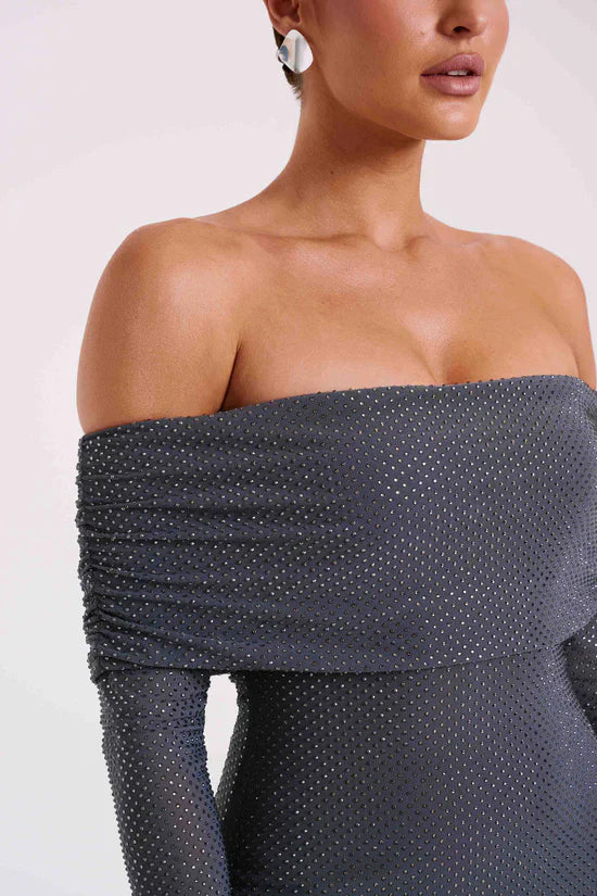 Arianna | Abito Maxi con Scollo Bardot e Strass